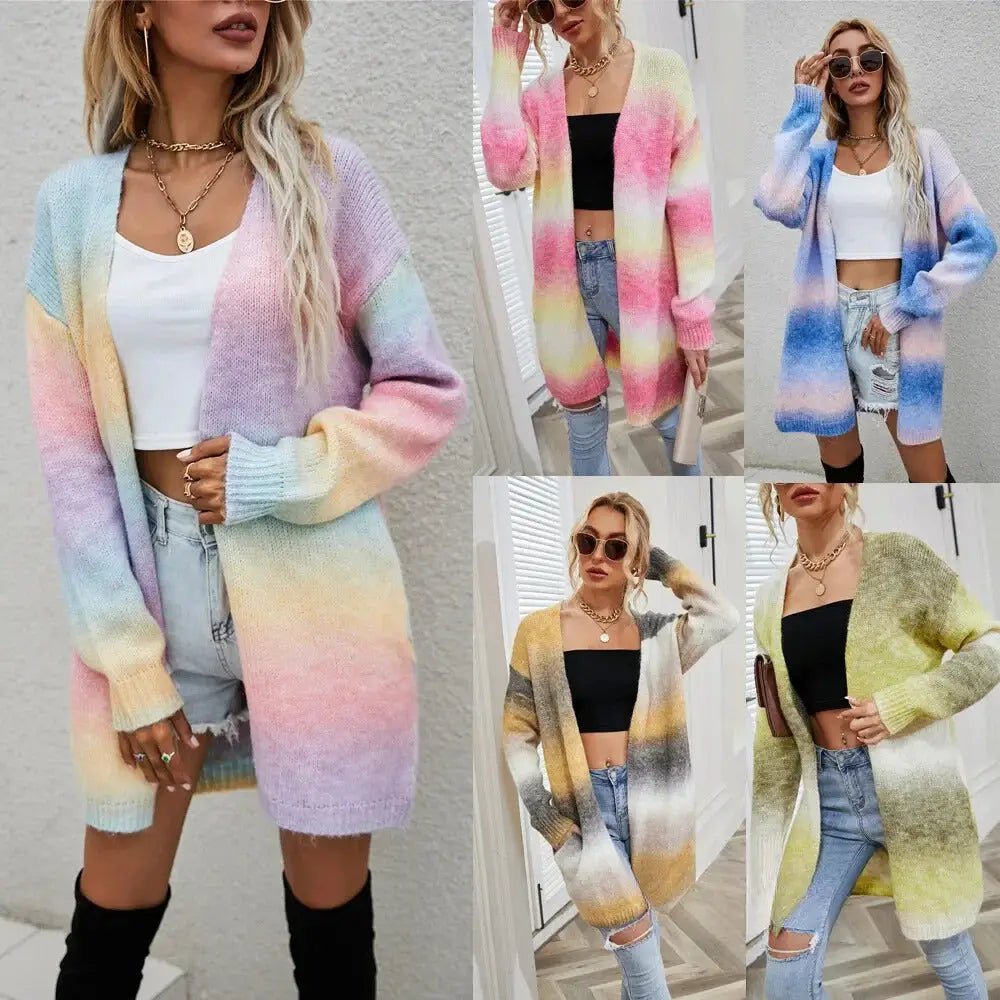 Tie Dye Cardigan Knit Sweater Women Rainbow Jumpers Spring Autumn Winter Maxi Soft Loose Coat Long Knitted Jacket