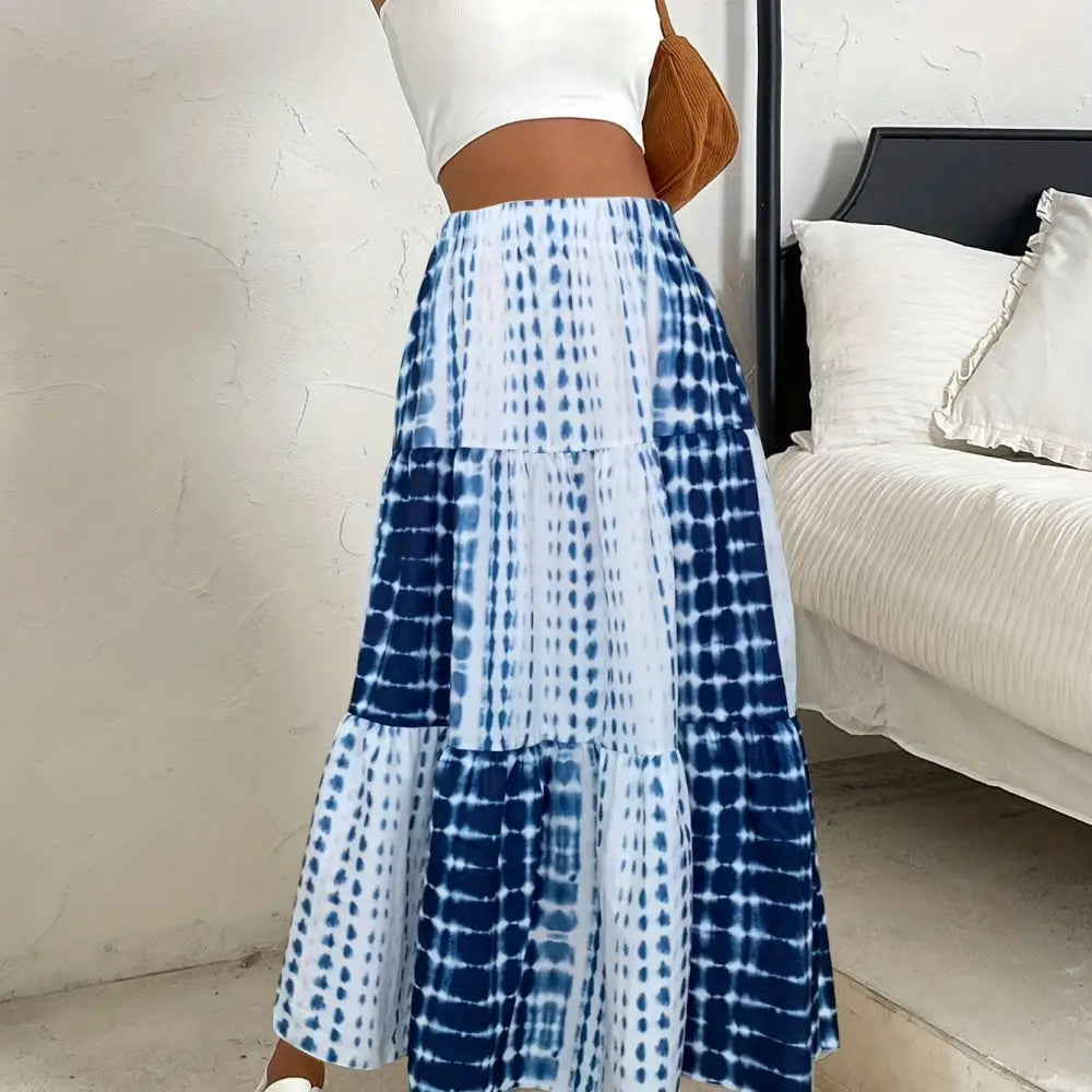 Tie Dye Elastic Waist A-line Skirt - Casual Ruffle Hem for Spring & Summer Women’s Clothing - Royal Blue / S(4) - Skirt