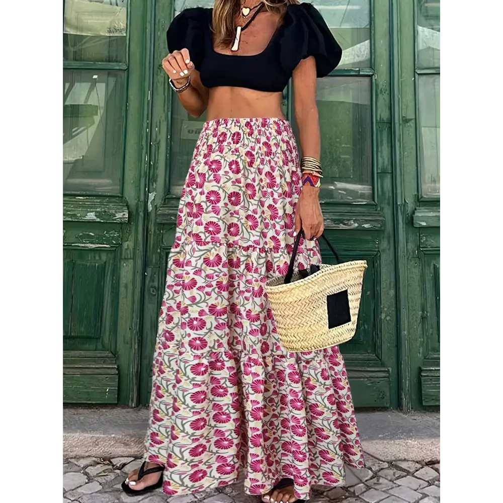 Trendy Abstract Print Maxi Skirt - High-Waisted Shirred Details - Perfect for Casual to Dressy Occasions - High Waisted