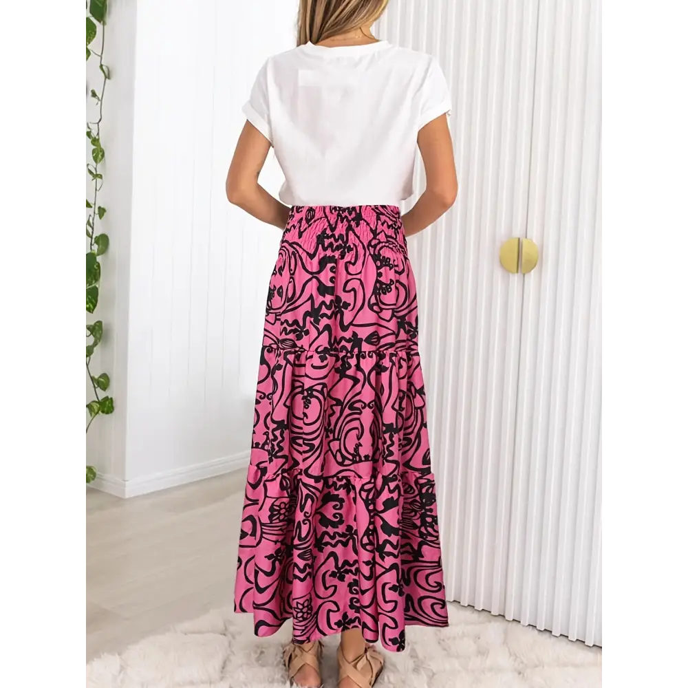 Trendy Abstract Print Maxi Skirt - High-Waisted Shirred Details - Perfect for Casual to Dressy Occasions - High Waisted