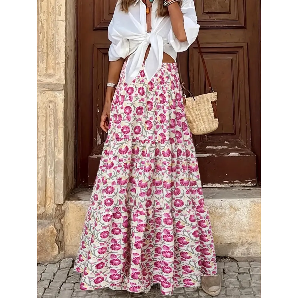 Trendy Abstract Print Maxi Skirt - High-Waisted Shirred Details - Perfect for Casual to Dressy Occasions - High Waisted