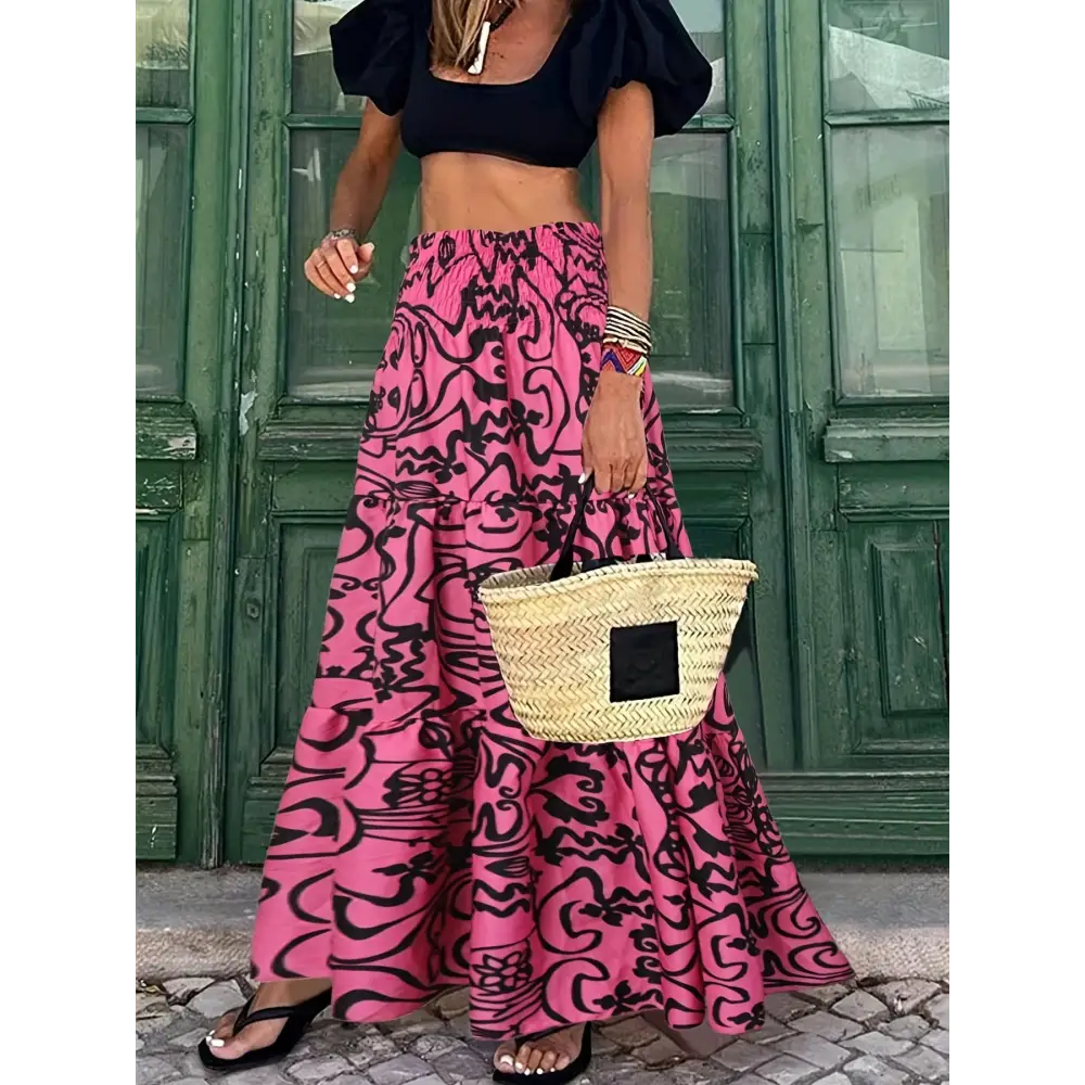 Trendy Abstract Print Maxi Skirt - High-Waisted Shirred Details - Perfect for Casual to Dressy Occasions - High Waisted