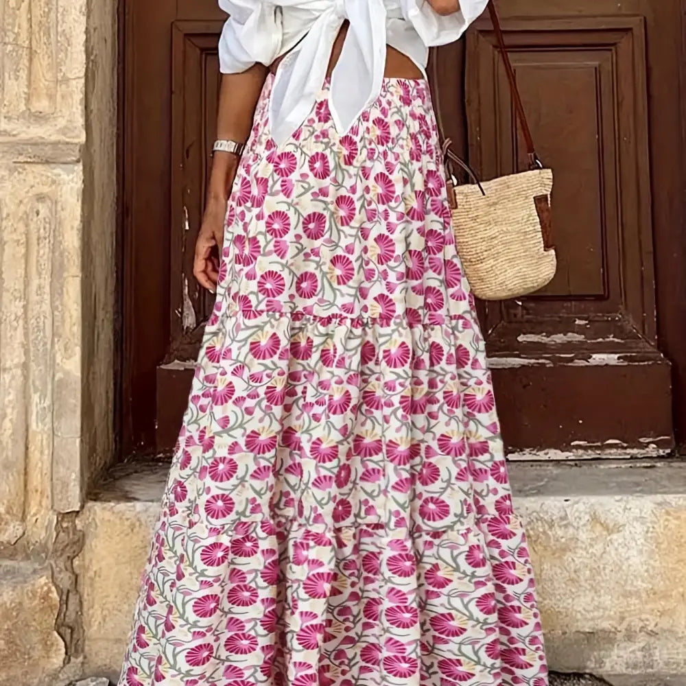 Trendy Abstract Print Maxi Skirt - High-Waisted Shirred Details - Perfect for Casual to Dressy Occasions - Pink Color