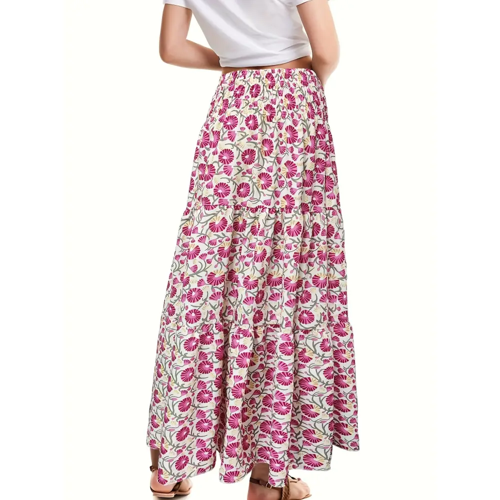 Trendy Abstract Print Maxi Skirt - High-Waisted Shirred Details - Perfect for Casual to Dressy Occasions - High Waisted