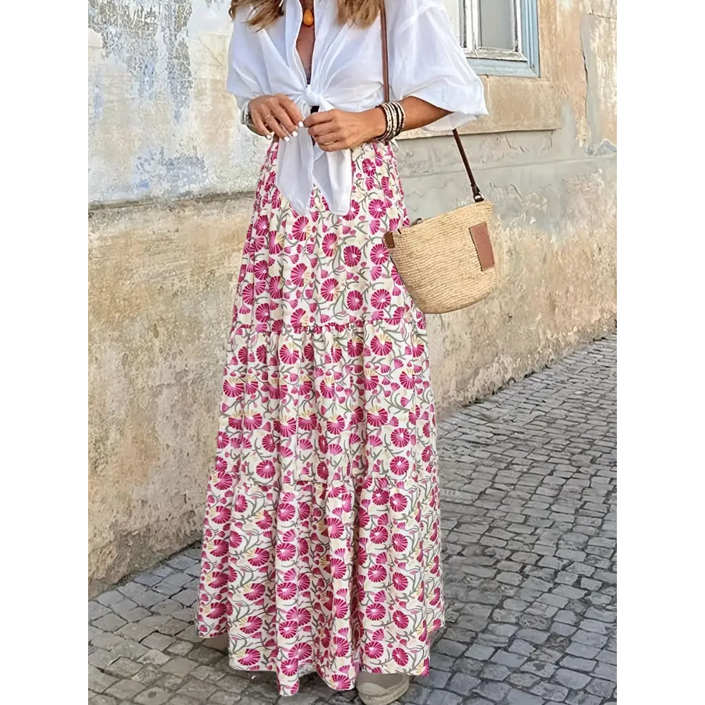 Trendy Abstract Print Maxi Skirt - High-Waisted Shirred Details - Perfect for Casual to Dressy Occasions - High Waisted
