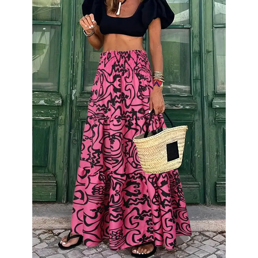 Trendy Abstract Print Maxi Skirt - High-Waisted Shirred Details - Perfect for Casual to Dressy Occasions - High Waisted