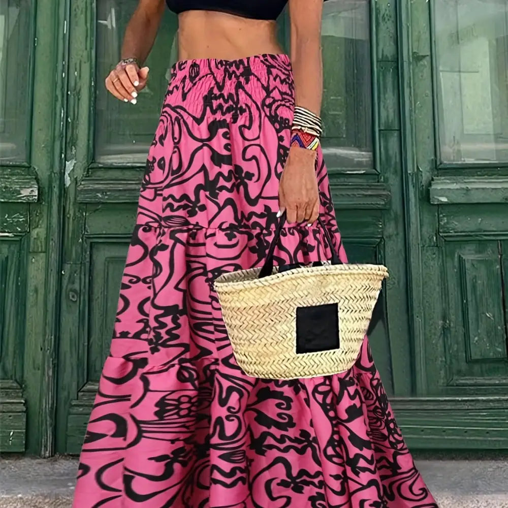 Trendy Abstract Print Maxi Skirt - High-Waisted Shirred Details - Perfect for Casual to Dressy Occasions - Rose Red
