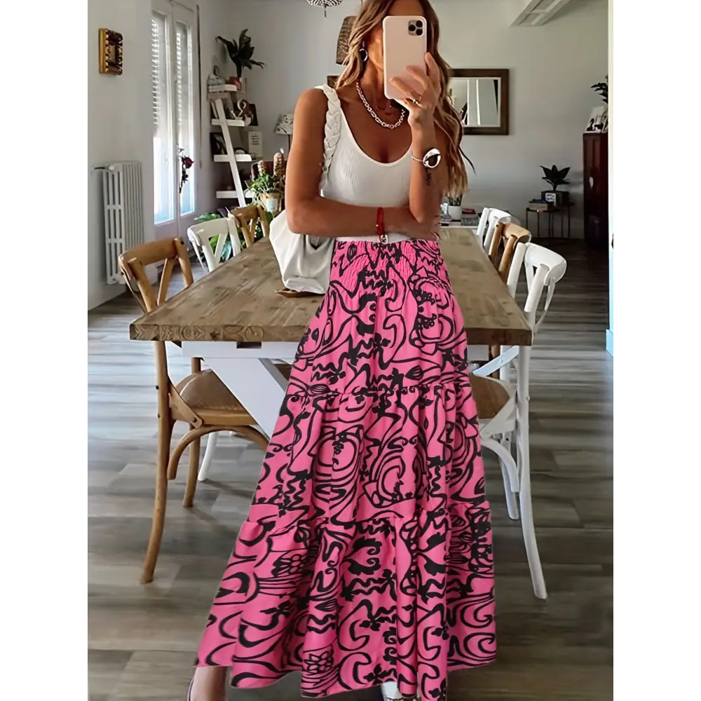 Trendy Abstract Print Maxi Skirt - High-Waisted Shirred Details - Perfect for Casual to Dressy Occasions - High Waisted