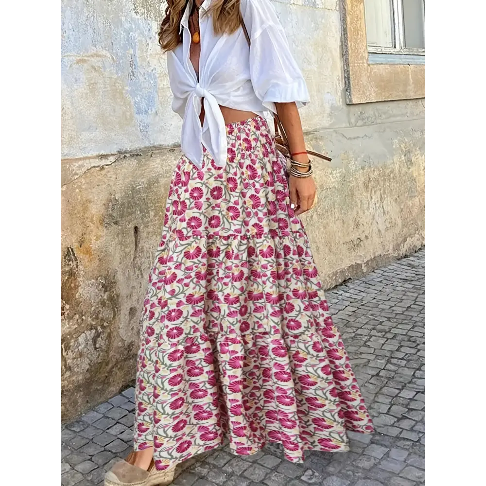 Trendy Abstract Print Maxi Skirt - High-Waisted Shirred Details - Perfect for Casual to Dressy Occasions - High Waisted