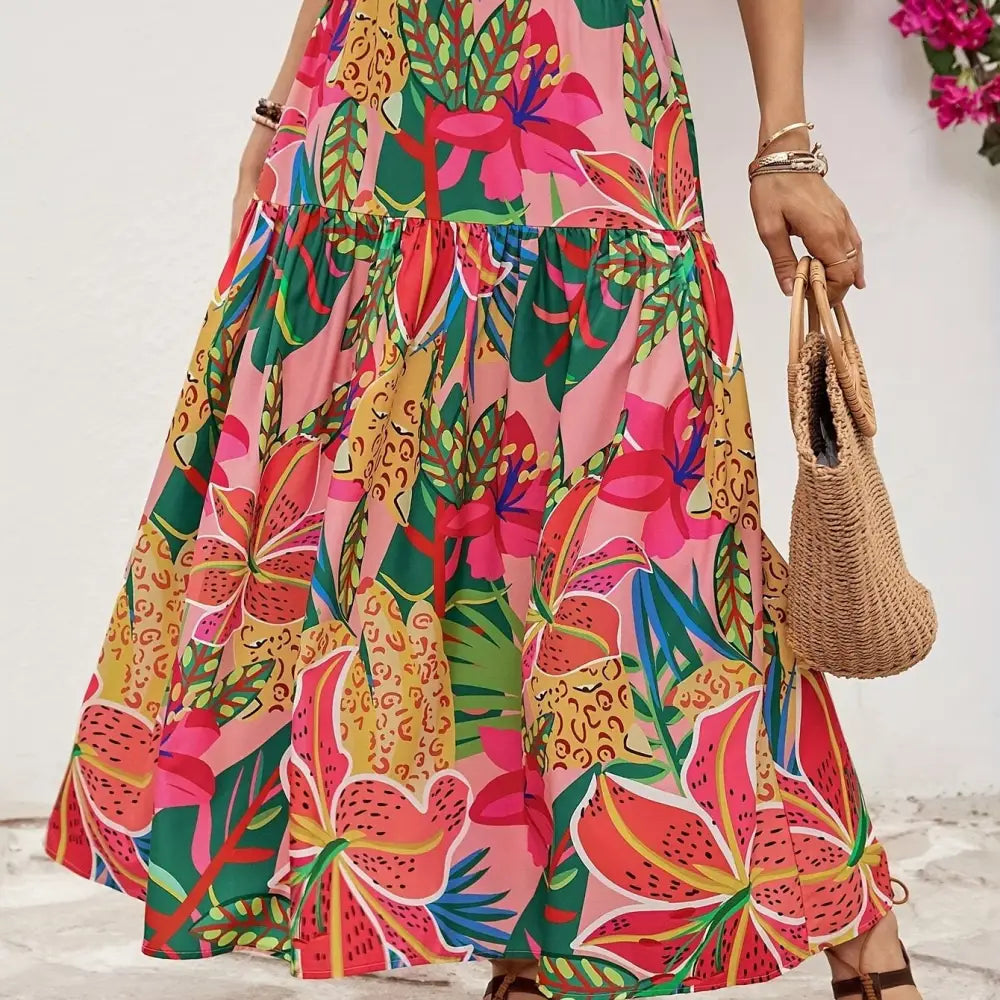 Tropical Floral Print High Waist Ruffle A-line Skirt - Polyester Machine Washable Vacation Style - Polychrome / S(4)