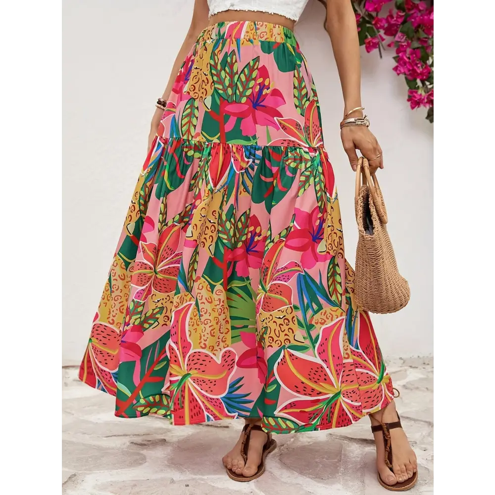 Tropical Floral Print High Waist Ruffle A-line Skirt - Polyester Machine Washable Vacation Style - A-Line Skirt