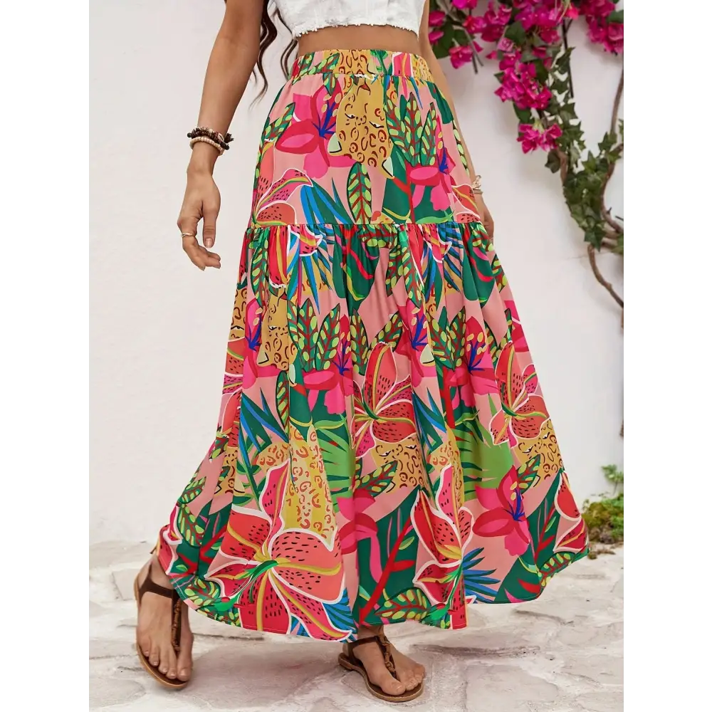 Tropical Floral Print High Waist Ruffle A-line Skirt - Polyester Machine Washable Vacation Style - A-Line Skirt