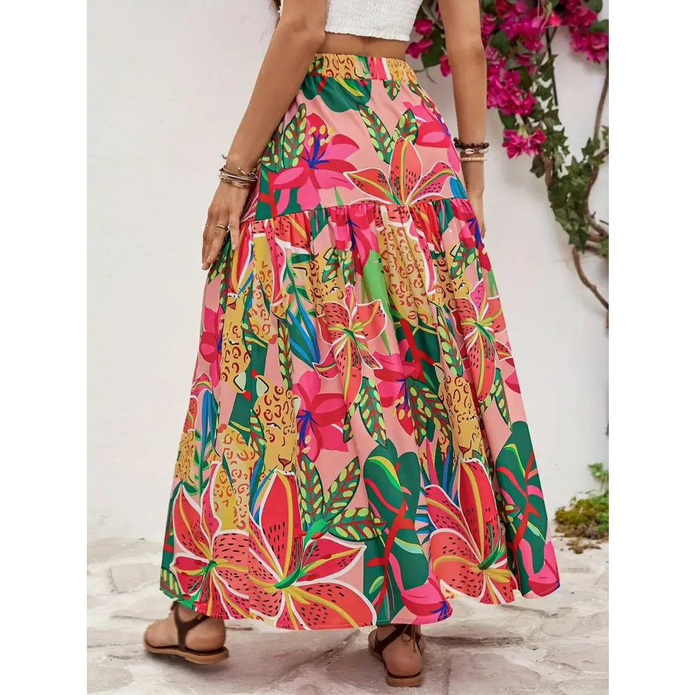 Tropical Floral Print High Waist Ruffle A-line Skirt - Polyester Machine Washable Vacation Style - A-Line Skirt