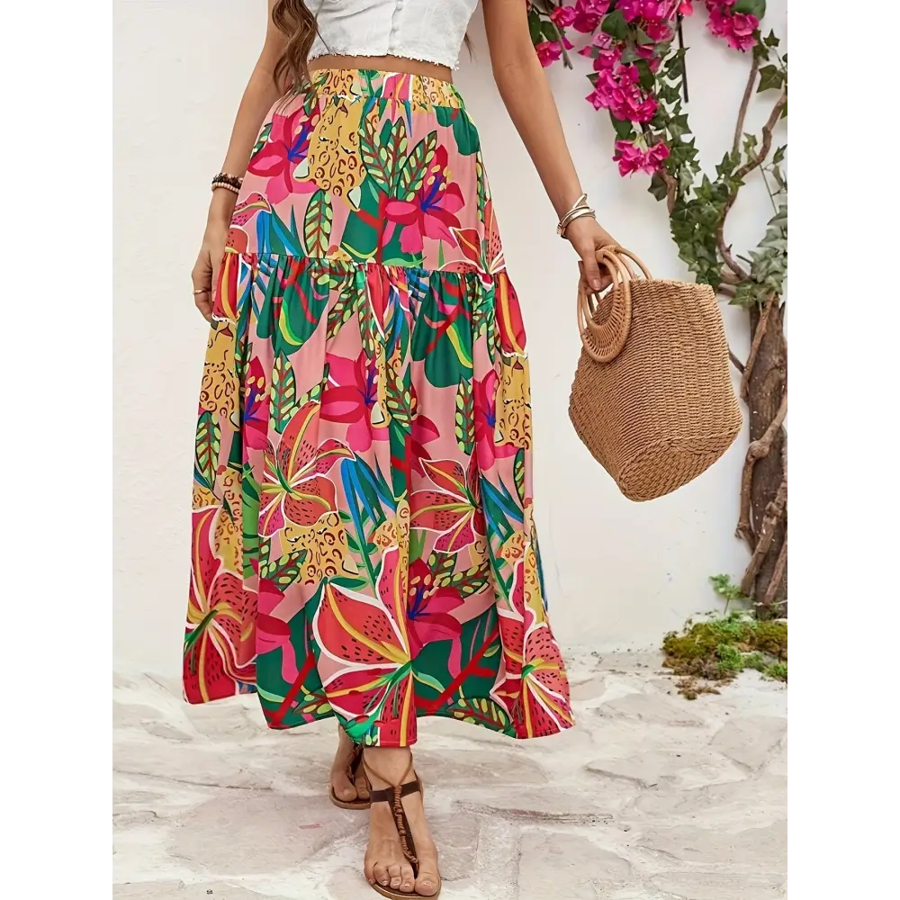 Tropical Floral Print High Waist Ruffle A-line Skirt - Polyester Machine Washable Vacation Style - A-Line Skirt