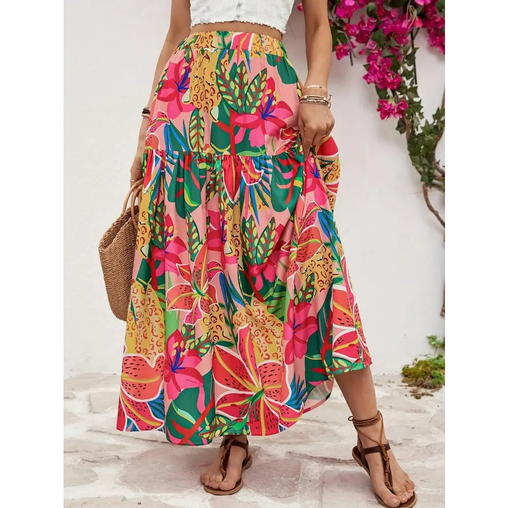 Tropical Floral Print High Waist Ruffle A-line Skirt - Polyester Machine Washable Vacation Style - A-Line Skirt