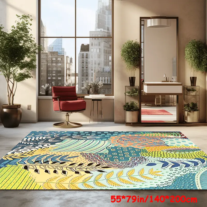 Vibrant Boho Leaf Art Soft Rug - Machine Washable Non-Slip Decorative Carpet for Living Room Bedroom Hotel and Coffee