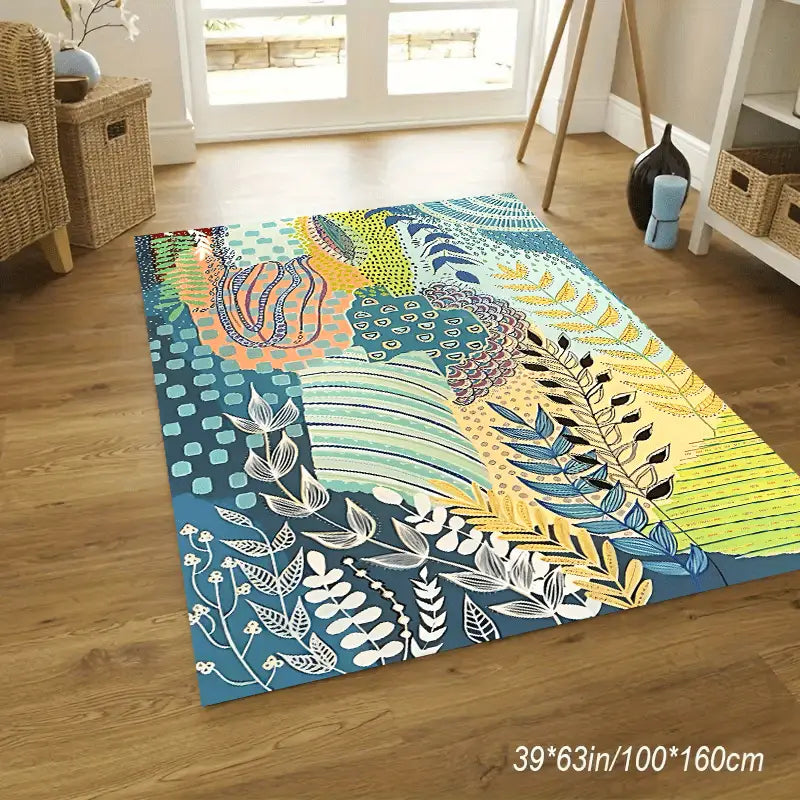 Vibrant Boho Leaf Art Soft Rug - Machine Washable Non-Slip Decorative Carpet for Living Room Bedroom Hotel and Coffee