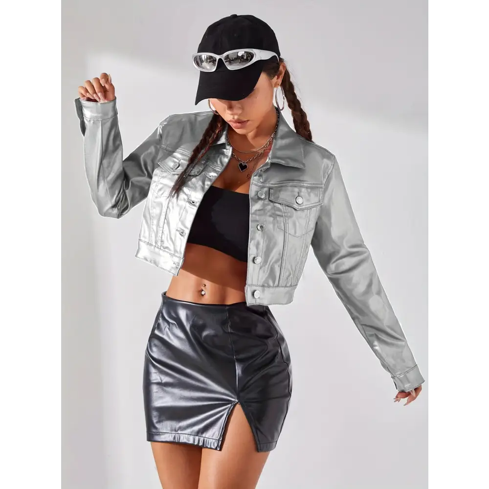 Vibrant Metallic Pinkish Cropped Coat - Chic Y2K Style Outerwear with Button Closure & Collar Detail Perfect for Casual