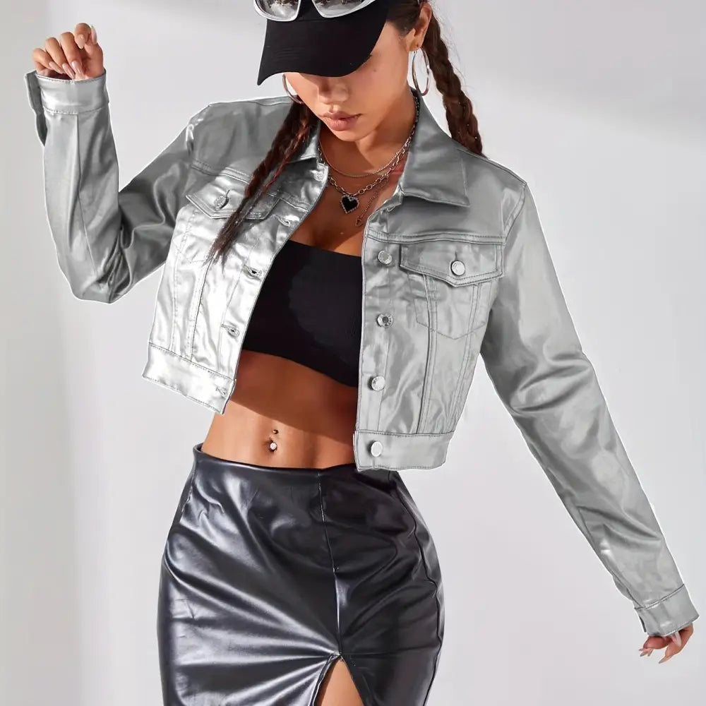 Vibrant Metallic Pinkish Cropped Coat - Chic Y2K Style Outerwear with Button Closure & Collar Detail Perfect for Casual