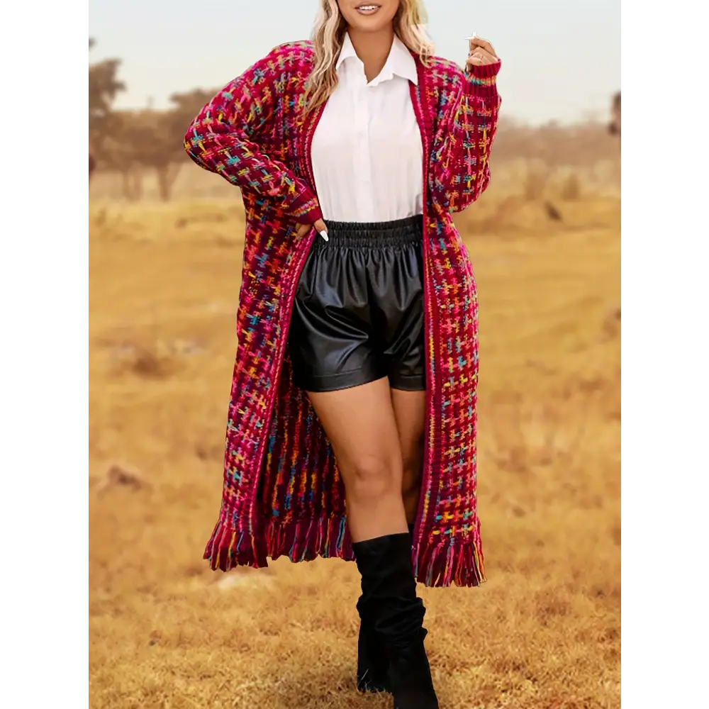 Vibrant Open Front Knit Cardigan - Elegant Tassel Trim Long Sleeve Soft and Cozy Outwear for Women - Perfect for Casual
