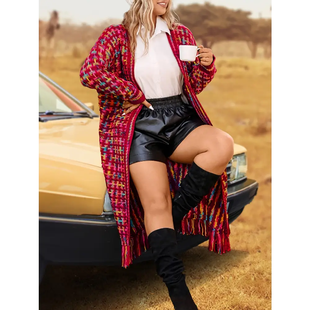 Vibrant Open Front Knit Cardigan - Elegant Tassel Trim Long Sleeve Soft and Cozy Outwear for Women - Perfect for Casual
