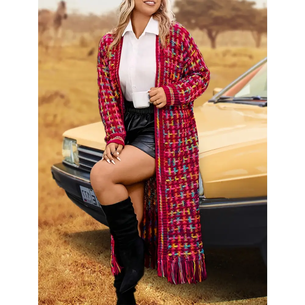 Vibrant Open Front Knit Cardigan - Elegant Tassel Trim Long Sleeve Soft and Cozy Outwear for Women - Perfect for Casual