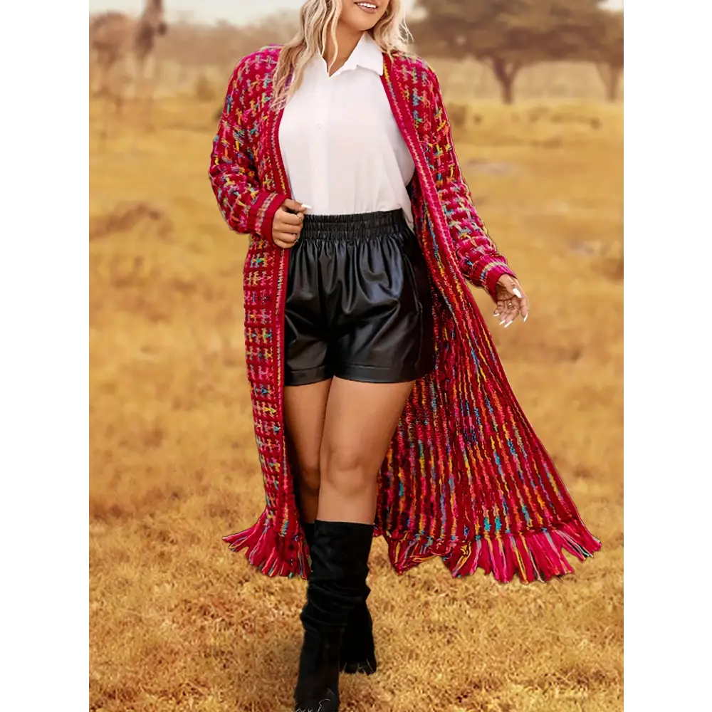 Vibrant Open Front Knit Cardigan - Elegant Tassel Trim Long Sleeve Soft and Cozy Outwear for Women - Perfect for Casual