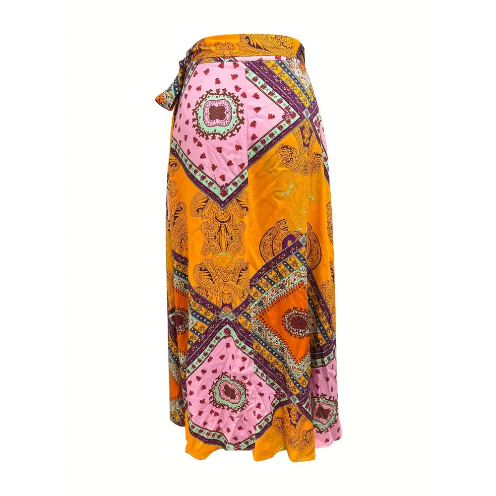 Vibrant Tribal Print Women’s Wrap Tie Waist Skirt with Asymmetric Hem for Spring & Summer Vacation - Tie waist skirt