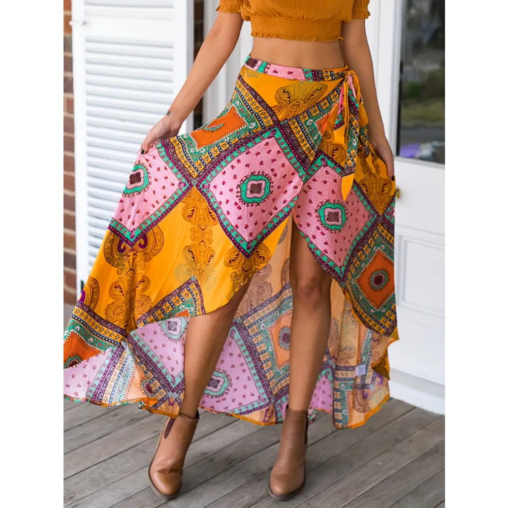 Vibrant Tribal Print Women’s Wrap Tie Waist Skirt with Asymmetric Hem for Spring & Summer Vacation - Tie waist skirt