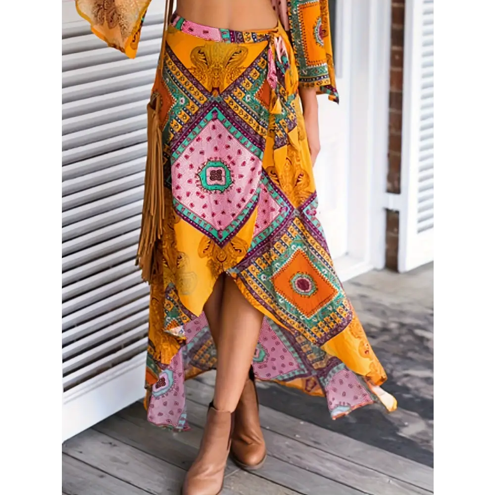 Vibrant Tribal Print Women’s Wrap Tie Waist Skirt with Asymmetric Hem for Spring & Summer Vacation - Tie waist skirt