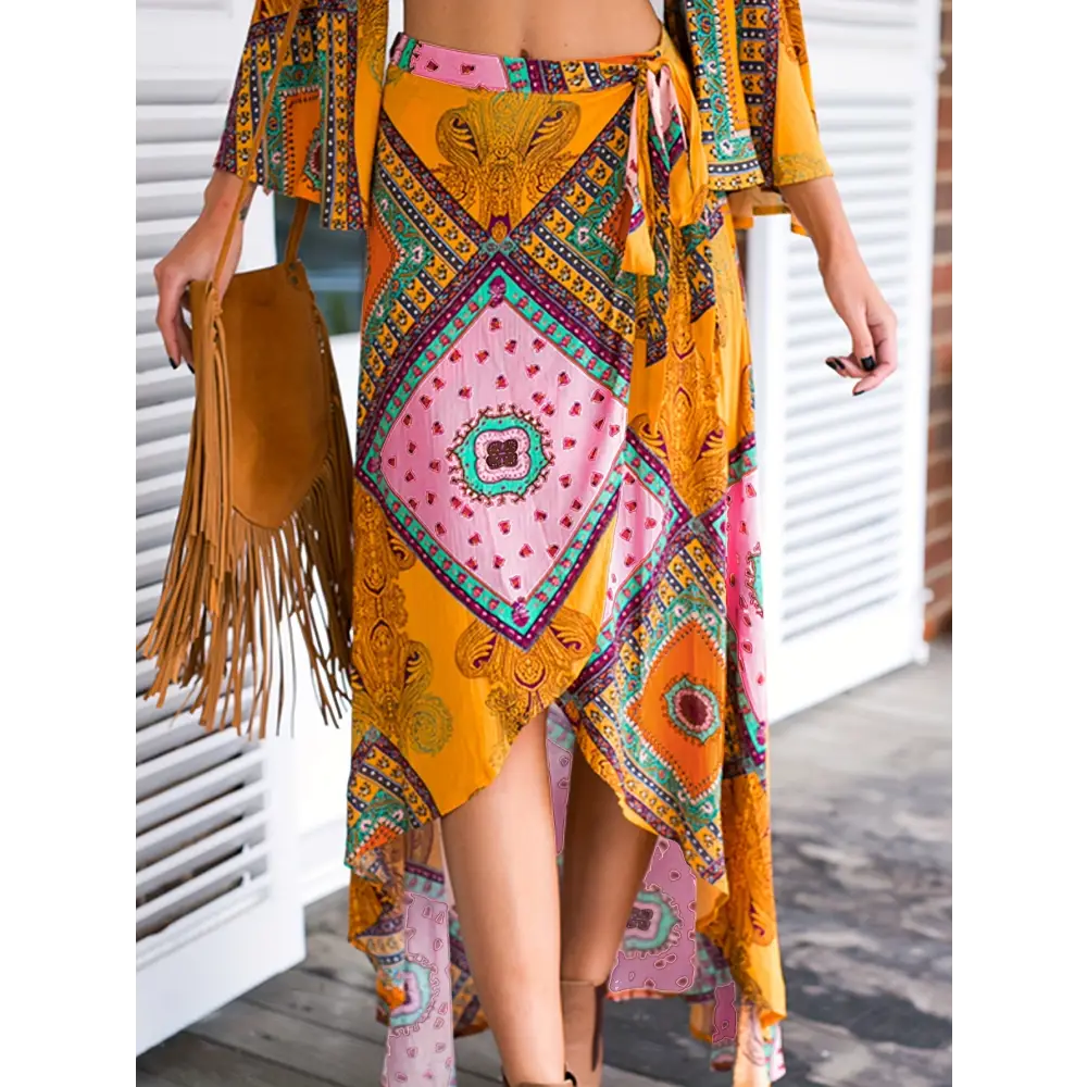 Vibrant Tribal Print Women’s Wrap Tie Waist Skirt with Asymmetric Hem for Spring & Summer Vacation - Tie waist skirt
