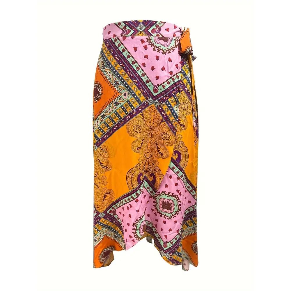 Vibrant Tribal Print Women’s Wrap Tie Waist Skirt with Asymmetric Hem for Spring & Summer Vacation - Tie waist skirt