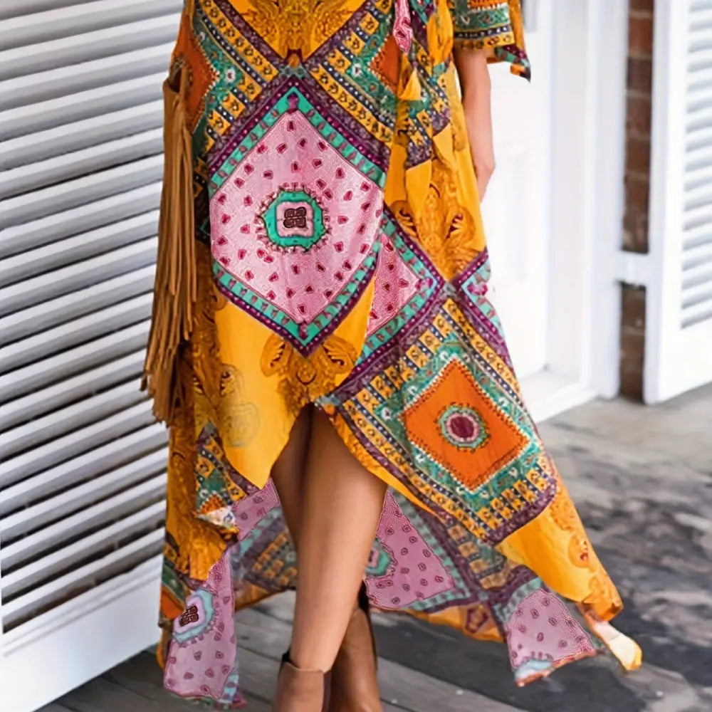 Vibrant Tribal Print Women’s Wrap Tie Waist Skirt with Asymmetric Hem for Spring & Summer Vacation - Multicolor