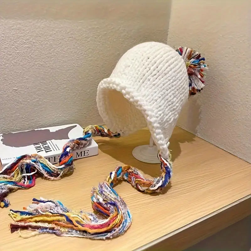 Warm & Cozy Knit Beanie for Women - Polyester Ear Flap Hat with Colorful Tassel Braids Ideal for Fall Winter Christmas