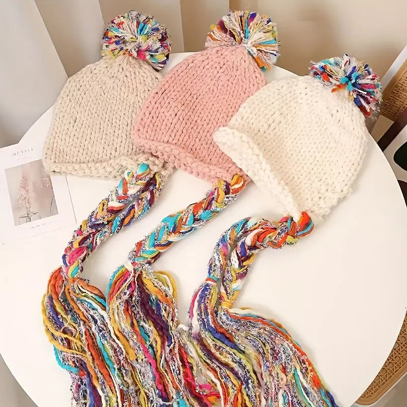 Warm & Cozy Knit Beanie for Women - Polyester Ear Flap Hat with Colorful Tassel Braids Ideal for Fall Winter Christmas
