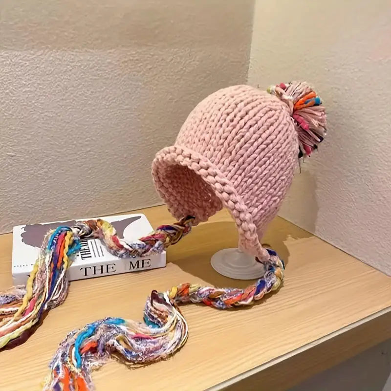 Warm & Cozy Knit Beanie for Women - Polyester Ear Flap Hat with Colorful Tassel Braids Ideal for Fall Winter Christmas