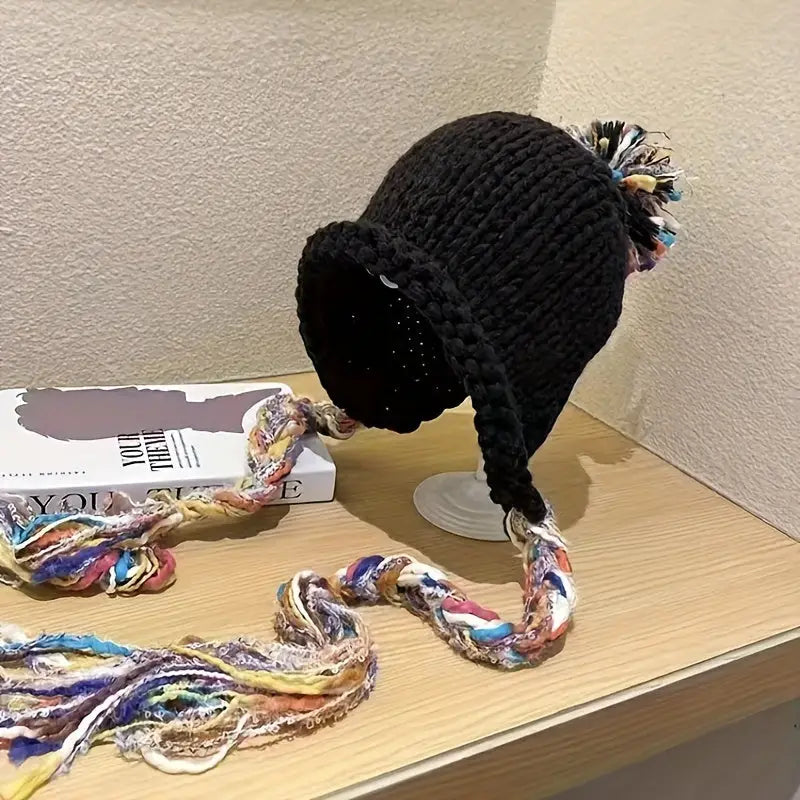 Warm & Cozy Knit Beanie for Women - Polyester Ear Flap Hat with Colorful Tassel Braids Ideal for Fall Winter Christmas