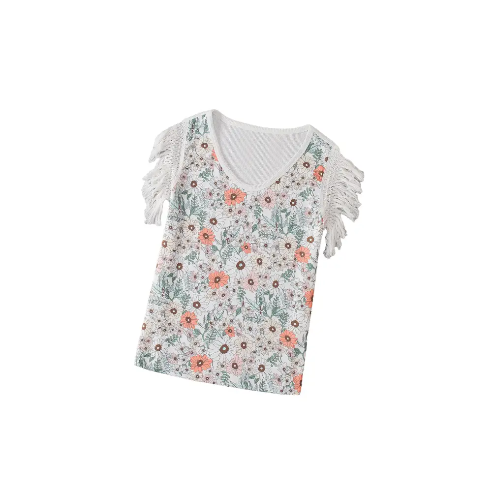 White Boho Floral Print Sleeveless Shirt with Fringe Shoulders - Perfect for Summer Festivals and Casual Outings
