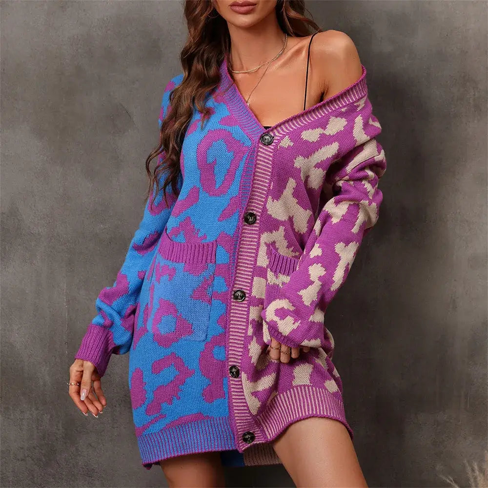 Winter 2024 Women’s Knitted Cardigan Sweater - V-Neck Full Sleeve Print Midi Jumper - Thick Spliced Single Breasted