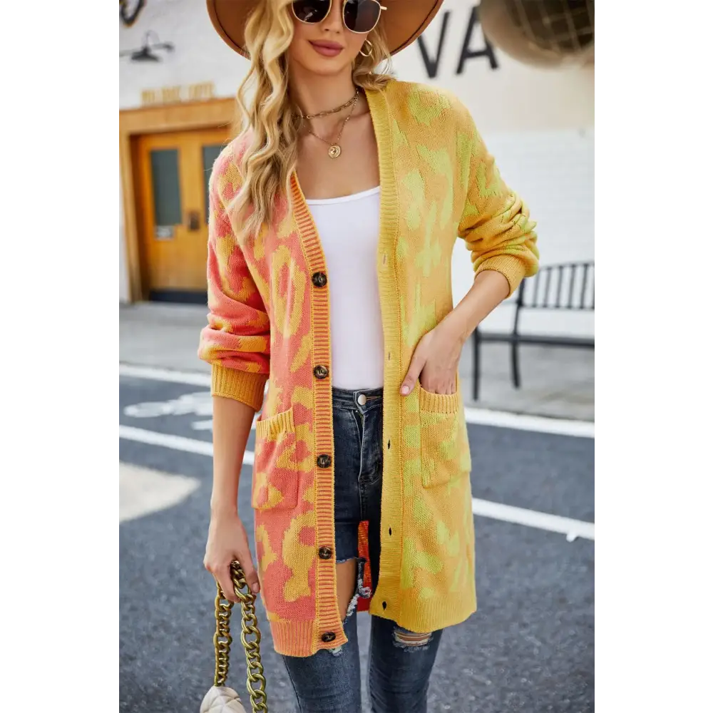 Winter 2024 Women’s Knitted Cardigan Sweater - V-Neck Full Sleeve Print Midi Jumper - Thick Spliced Single Breasted