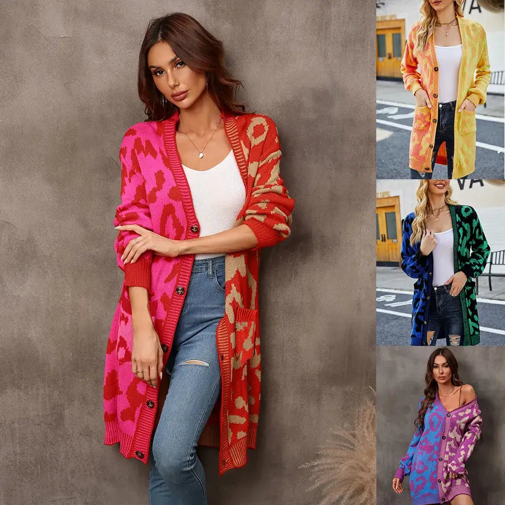 Winter 2024 Women’s Knitted Cardigan Sweater - V-Neck Full Sleeve Print Midi Jumper - Thick Spliced Single Breasted