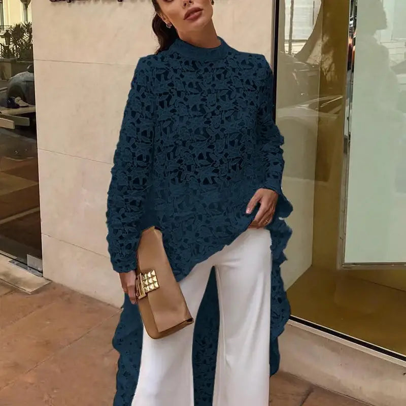 Women Boho Chic Fashion O-neck Loose Shirts Causal Long Sleeves Solid Color Pullover Tops Elegant Embroidery Hollow