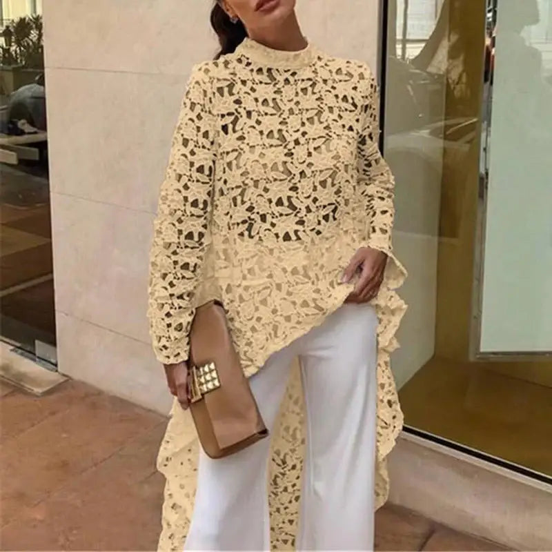 Women Boho Chic Fashion O-neck Loose Shirts Causal Long Sleeves Solid Color Pullover Tops Elegant Embroidery Hollow