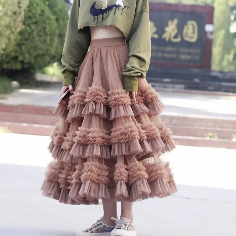 Women’s Big Swing Fluffy Yarn Ball Gown Skirt - Long Layered Cake Skirt for Winter Fashion Outfits Elegant