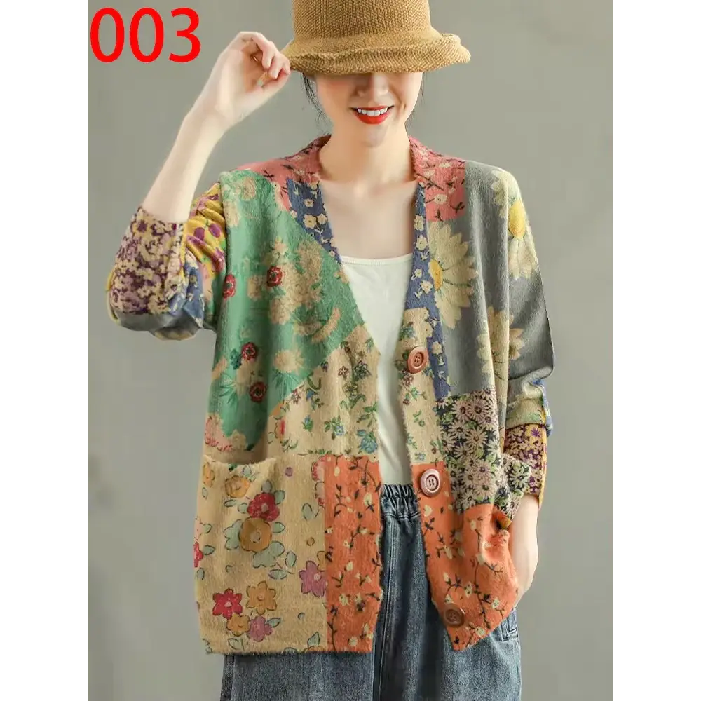 Women’s Boho Autumn Fashion Printed Loose Cardigans Casual V Neck Sweaters Ladies Luxury Classic Patchwork Floral