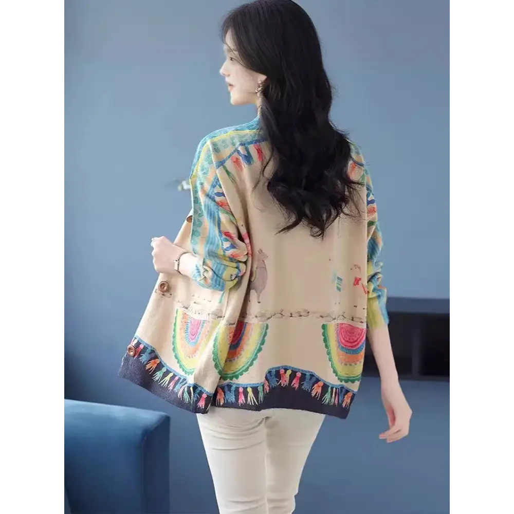 Women’s Boho Autumn Fashion Printed Loose Cardigans Casual V Neck Sweaters Ladies Luxury Classic Patchwork Floral