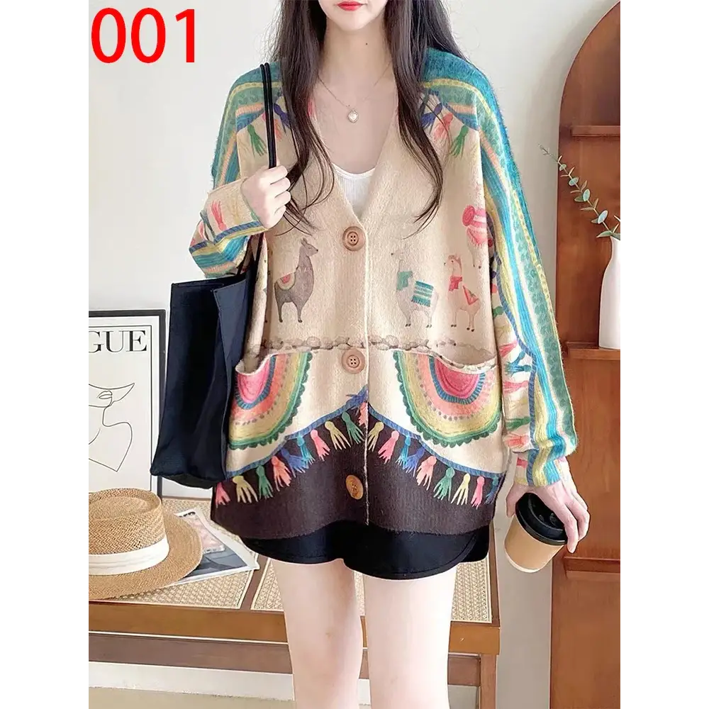 Women’s Boho Autumn Fashion Printed Loose Cardigans Casual V Neck Sweaters Ladies Luxury Classic Patchwork Floral