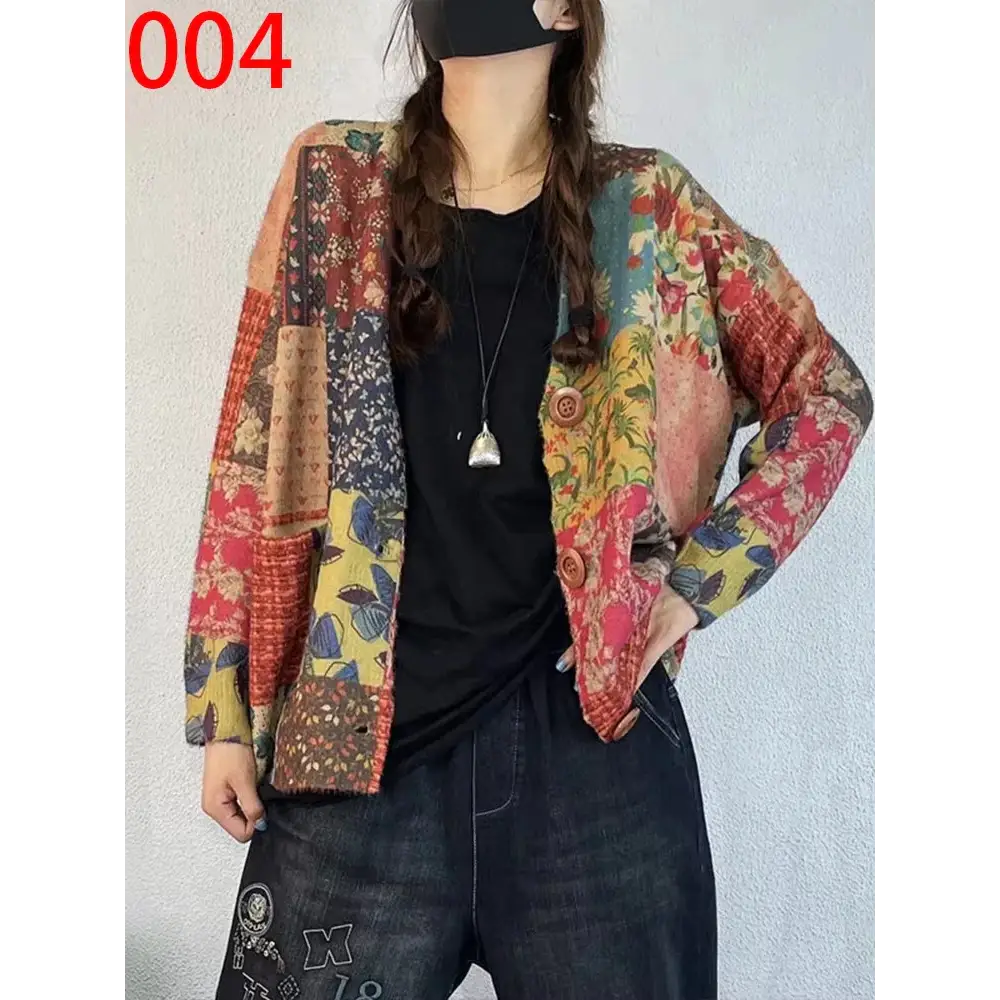 Women’s Boho Autumn Fashion Printed Loose Cardigans Casual V Neck Sweaters Ladies Luxury Classic Patchwork Floral
