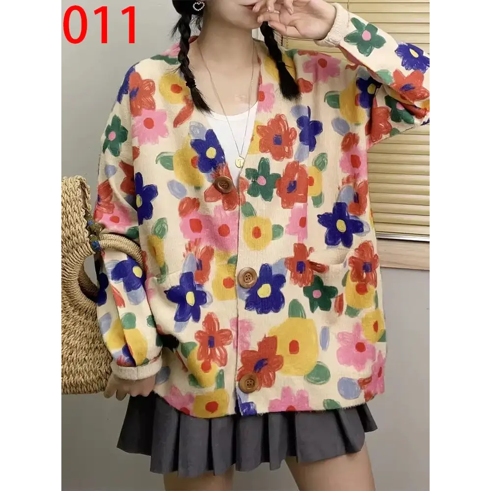 Women’s Boho Autumn Fashion Printed Loose Cardigans Casual V Neck Sweaters Ladies Luxury Classic Patchwork Floral