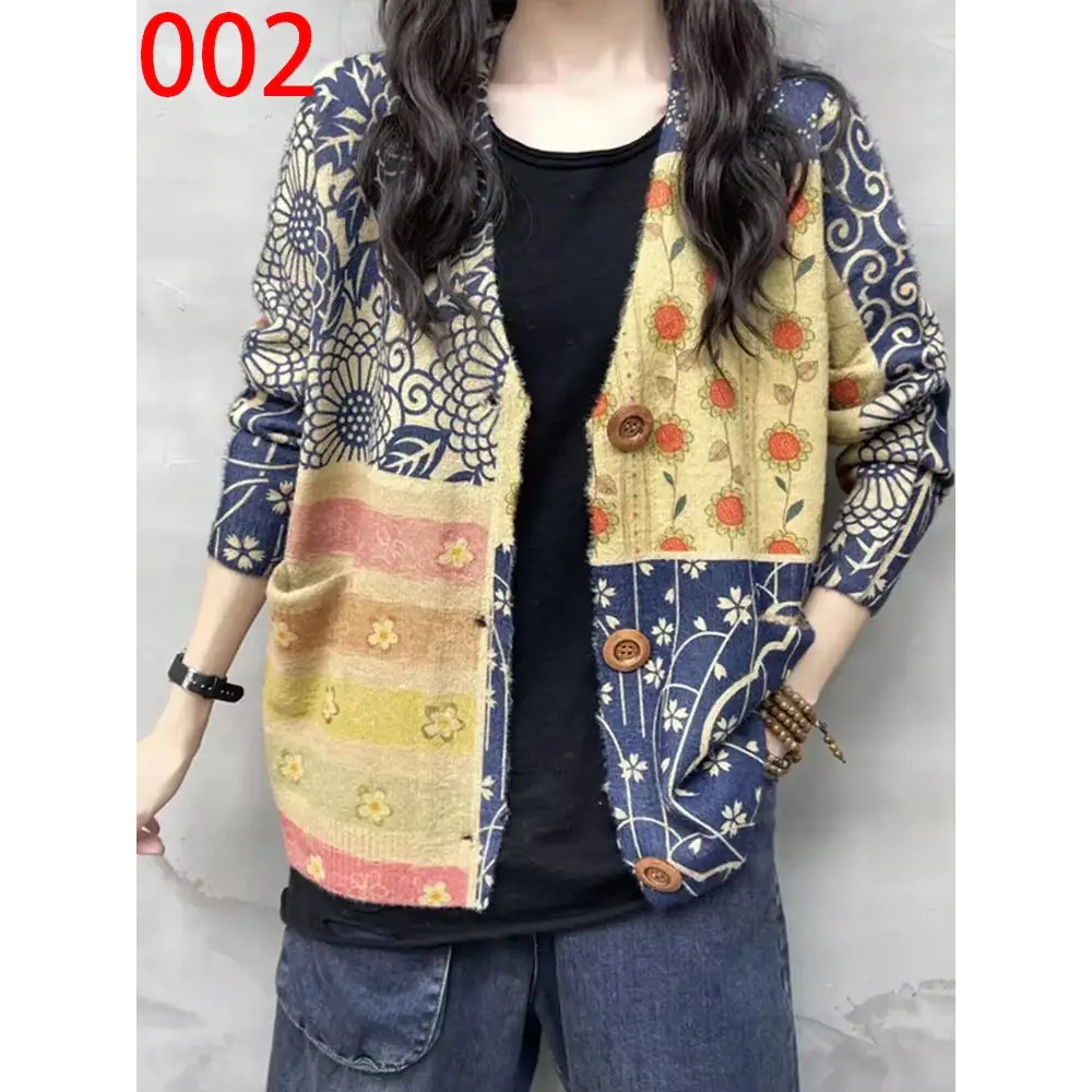 Women’s Boho Autumn Fashion Printed Loose Cardigans Casual V Neck Sweaters Ladies Luxury Classic Patchwork Floral
